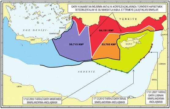 tin bölgede sahip olabilecekleri kıta sahanlığı/meb alanlarını başta Türkiye ve Mısır olmak üzere adaları bulunmayan diğer kıtasal kıyı devletleri aleyhine en büyük yüz ölçümüne ulaştırmak