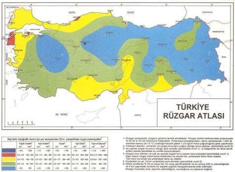 Şekil 4. Türkiye nin Rüzgar Atlası. Stanford Üniversitesi nin 2010 yılında yapmış olduğu bir çalışmaya göre Türkiye nin 2050 yılında ki enerji karışımına 40 yıl boyunca inşaatta 183.