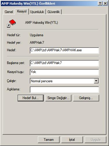 2. Programın Kurulu Olduğu Klasörden AMP Hakediş ve Keşif Win programını çalıştırdığınız kısayol simgesi üzerinde farenin sağ düğmesine basın ve açılan yerel menüden Özellikler satırına basın, AMP