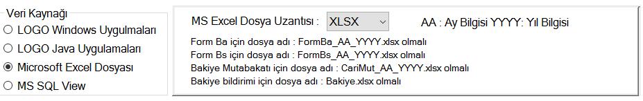 Microsoft Excel veri kaynağı için Online Mutabakat Klasör Seç Veri Başlangıç Satırı: Firma