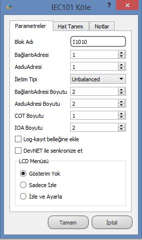 11.1.3 Özel Ayarlar Bağlantı Adresi: Link katmanı adresidir. Asdu Adresi: ASDU katmanı adresidir. İletim Tipi: Balanced yada Unbalaced protokol seçimi yapılır.