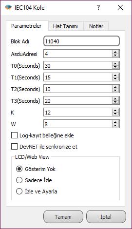 11.3.3 Özel Ayarlar AsduAddress: IEC104 slave istasyon ASDU adresi tanımlanır. T0: TCP connection timeout süresidir. T1: Test APDU timeout süresidir. T2: Ack için timeout süresidir.