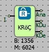 2.12 KİLİTLEMELİ RÖLE ÇIKIŞ BLOK 2.12.1 Bağlantılar Ana: Röle Kilitli Çıkışı I1: Blok Girişi KDu: Kilit Durumu KDe: Kilit Değeri 2.12.2 Bağlantı Açıklamaları I1: Blok girişi Kilitleme pasif ise röle