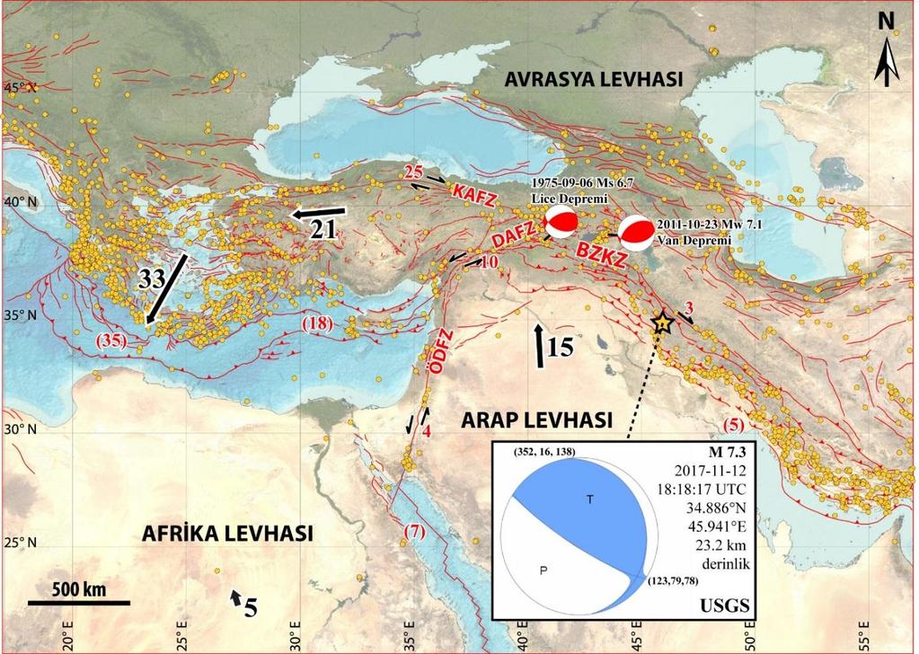 depreminin (M=6.7) de Bitlis-Zagros kenet zonunun ön-ülkesinde Ergani-Silvan kör bindirmesi ile ilişkili olması gerektiği gösterilmiştir (Seyitoğlu vd. 2017a). 23.10.2011 Van depremi (M=7.