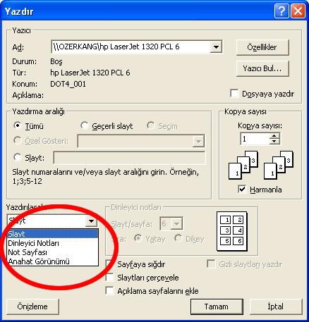 Bu pencerede yer alan Yazdırılacak menüsünü kullanarak slayt, dinleyici notu, not sayfası ve anahat görümü seçeneklerini tıklayarak nasıl bir çıktı istediğimize karar veririz.