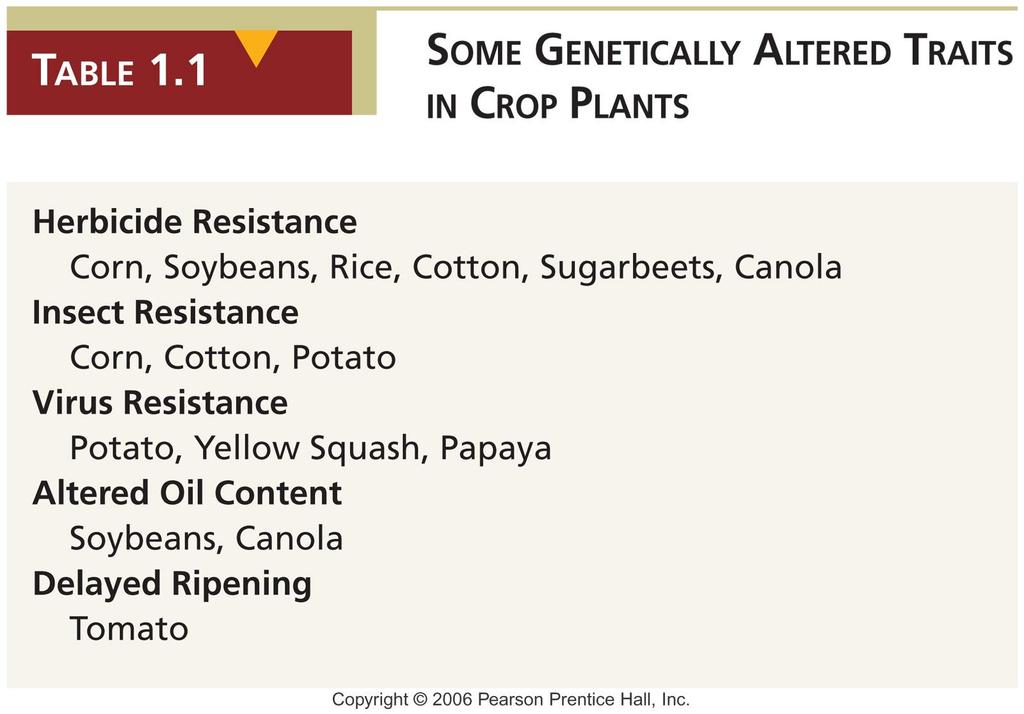 Herbisit (yabani ot ilacı) direnci Mısır, soya, pirinç, pamuk Böcek direnci Mısır, pamuk, patates Virüs direnci Patates, sarı