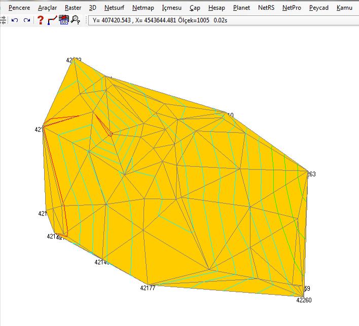 oluşturulan üçgen modelin saklanacağı tabaka görülür. Üçgenle seçildiğinde noktalar arasında üçgenleme yapılır ve ekranda Üçgen Model görülür.