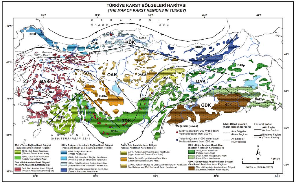 Şekil 1: Türkiye de karst ve mağara gelişimine uygun kaya topluluklarının dağılımı ve bu kayalar üzerinde gelişen karst bölgeleri haritası (4).