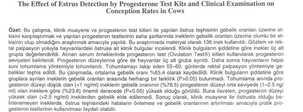 GEBELİK TEŞHİSİ Sağmal ineklerde süt progesteron testi,