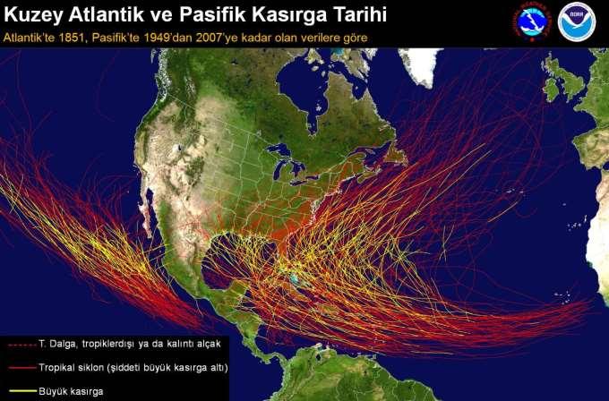 Atlas Okyanusu için 1851-2007 ve Büyük Okyanus un doğu bölümü için 1949-2007 dönemlerini kapsayan bilinen tüm Kuzey Atlantik ve doğu Kuzey Pasifik in büyük (majör) kasırgalarının izlediği siklon