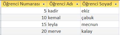 Örnek : tbl_ogrenciler tablosundaki ogr_no, ogr_ad, ogr_soyad alanlarını sırasıyla Öğrenci Numarası, Öğrenci Adı, Öğrenci Soyad