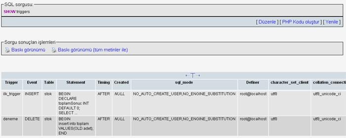 Trigger listeleme ve silme SHOW TRIGGERS Trigger ı silmek için