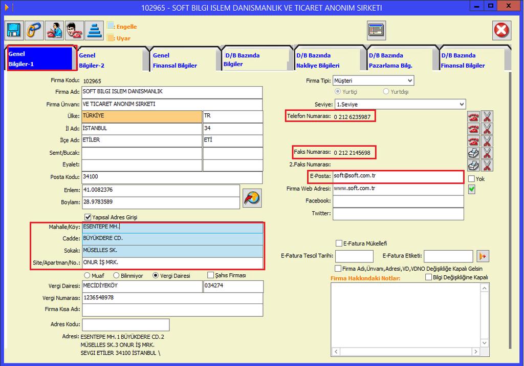 Firma Adı, Firma Ünvanı, Adres Bilgileri gibi bilgiler Genel