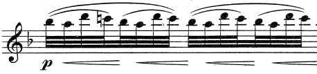 Bitiş Kodası tonikten asla ayrılmamasına rağmen, solistin karakteristik olarak C bölümünde göze çarpan üçlemeleri ve B bölümündeki trill