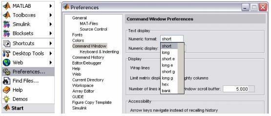Komut penceresinin görüntü ayarları MATLAB Start menüsündeki Preferences seçeneği ile yapılabilmektedir.