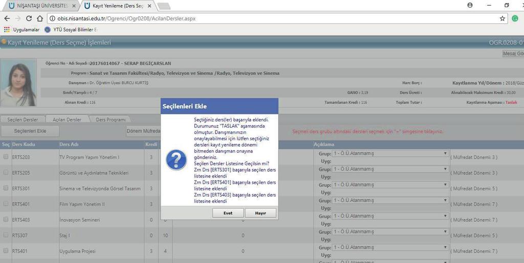 Seçtiğiniz Dersleri, Seçilenleri Ekle Tuşu ile Kataloğunuza Ekleyip Çıkan Onay Kutucuğuna