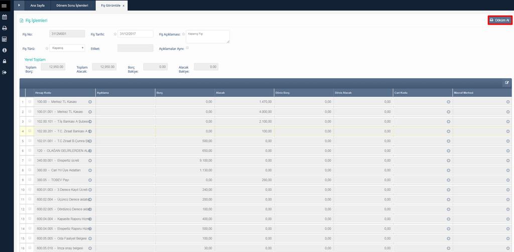 Dönem Sonu İşlemleri Kapanış İşlemi İşlem gerçekleştirildikten sonra, Kapanış Fişi fiş tablosuna listelenir.