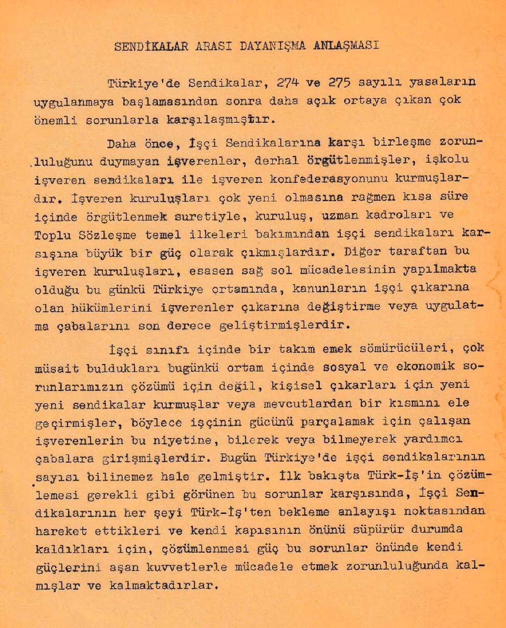 Görsel 1: SADA özgün metninin ilk sayfası, TÜSTAV-DİSK Arşivi Kuruluş Hazırlıkları DİSK in kuruluş kararının ve adının yazıya döküldüğü tarih 14 Ocak 1967 dir.