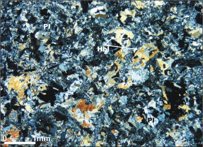 Hbl:hornblend Metameladiyoritlerde ölü (mortar) doku gelişmiş olup, plajiyoklaz porfiroklastları ve amfibol (tremolit-aktinolit) mineralleri ile