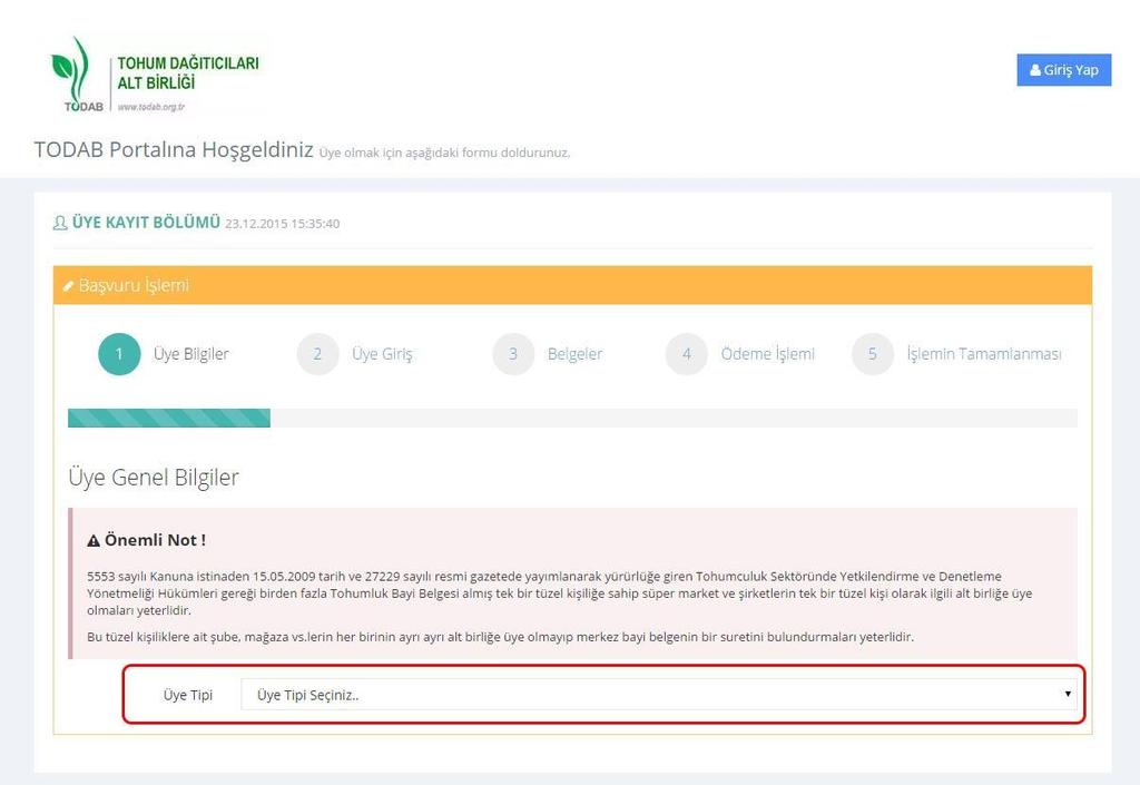 3 Üye adayı, ÜYE OLMAK İSTİYORUM butonuna tıkladıktan sonra Şekil 2-2 de gösterilen ekrana yönlendirilecektir.