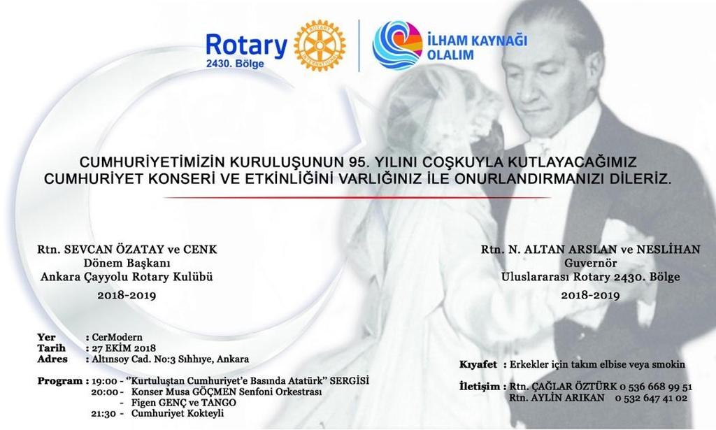 Ankara da yeni kurulan Beysukent Rotary Kulübü, Kuruluş ve Charter töreni 19 Ekim 2018 Cuma akşamı, Ankara Swiss Otelde saat 19:00 da yapılacaktır. Bütün üyelerimiz davetlidir. UR 2430.