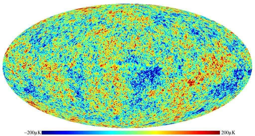 Kuantum dalgalanması, Evren in yapısı ve yaşı Evren 380.000 yıl yaşında iken Evren in sıcaklık haritası: The Wilkinson Microwave Anisotropy Probe (WMAP).