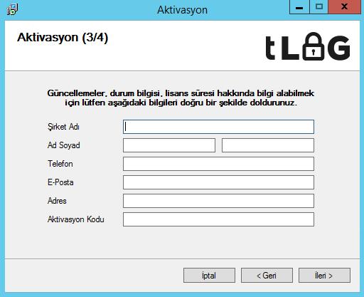 10 Aktivasyon yapılacak kullanıcı/kurum bilgileri bu sayfadan girilebilir. Aktivasyon Kodu kısmına için satın alınan satın alma sırasında size iletilen değer girilmelidir.