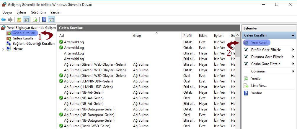 12 Şekil 12 Windows Firewall Gelişmiş Ayarlar İlk olarak Gelen Kuralları