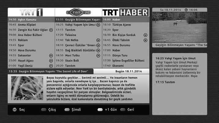 Figure b: EPG application, broadcast video is shown in the upper-right corner of the screen. HbbTV applications use keys on the remote control to interact with the user.