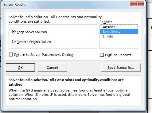Ve Solver Results penceresi açılacaktır: Duyarlılık Analizi raporu için, sağ taraftaki Reports