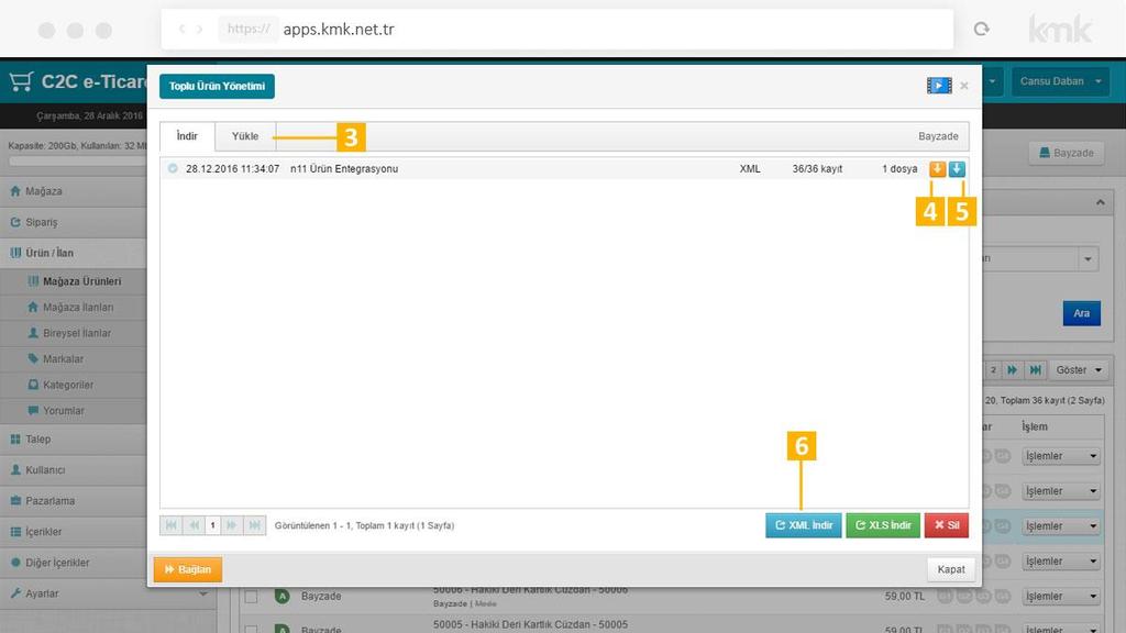 İndirme Sekmesi 3. Yükle Sekmesi Toplu Ürün Yönetimi sayfası açıldığında İndir Sekmesi açık bir şekilde gelir. Bu alana tıklayarak yükleme sekmesine geçebilirsiniz. 4.