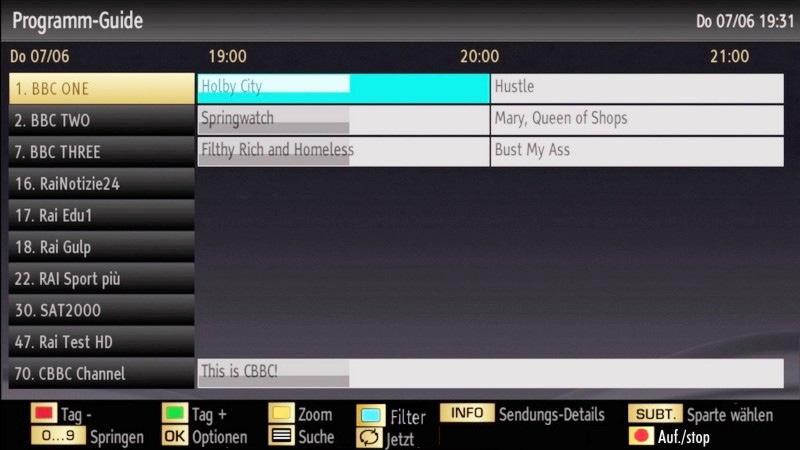 Electronic Programme Guide (EPG) Some, but not all channels send information about the current and next programmes. Press the button to view the EPG menu. Info bar commands: RED button: Previous day.