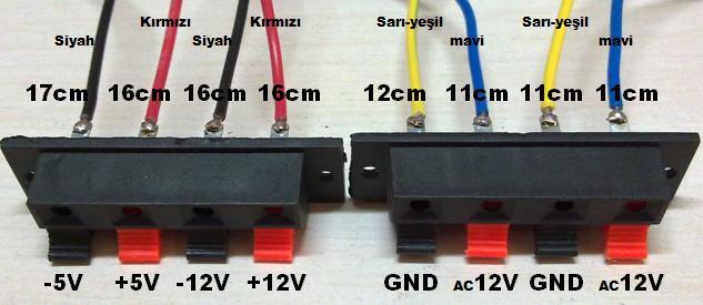 Soldaki dörtlü hp klemensinin en sol ucuna (-5V) 17cm siyah, soldan ikinci ucuna (+5V) 16cm kırmızı, soldan üçüncü ucuna (-12V) 16cm