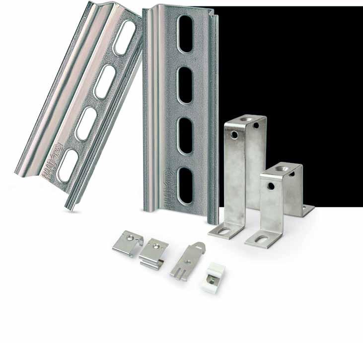 Tüm çelik parçalar elektro galvanizdir ve IEC60715,EN022, EN035 standartlarına uygun olarak beyaz krom kaplıdır. Montaj rayları ayrıca topraklama barası olarak da kullanılabilir.