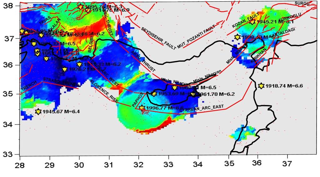 2. Türkiye Deprem Mühendisliği ve Sismoloji Konferansı en az 50 olay olacak şekilde, 50 km lik veri çapları 0.02 km lik grid aralıkları kullanılarak gerçekleştirilmiştir.