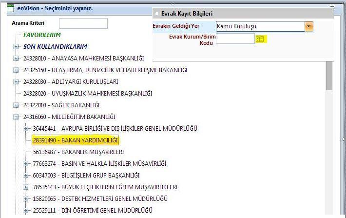 Açılan ekranda Arama Kriteri alanından kurum adı yazılarak ya da kurum adlarının önünde bulunan +