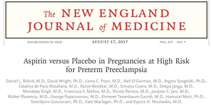 Çok Merkezli Plasebo Kontrollü, Çift Kör Çalışma 1776 preeklampsi riski yüksek gebe kadın (tekil gebelik) Aspirin 150 mg/gün (n=798) vs plasebo (N=882) o Primer sonlanım noktası: 37.
