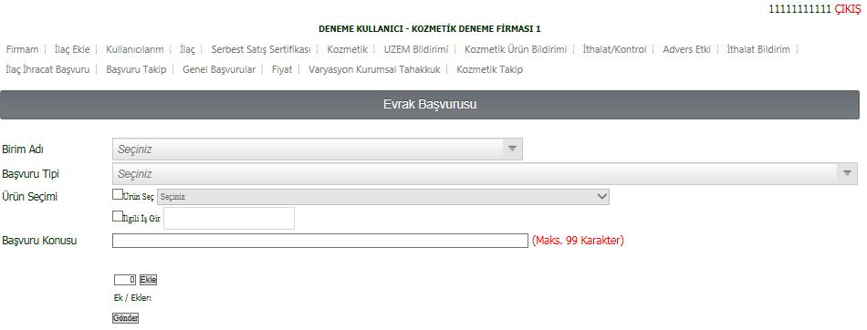 Şekil 42. Genel Başvurular ekranı. Açılan ekranda Birim Adı kısmından Kozmetik Ürünler Dairesi Başkanlığı altındaki ilgili birim seçilmelidir. Şekil 43.