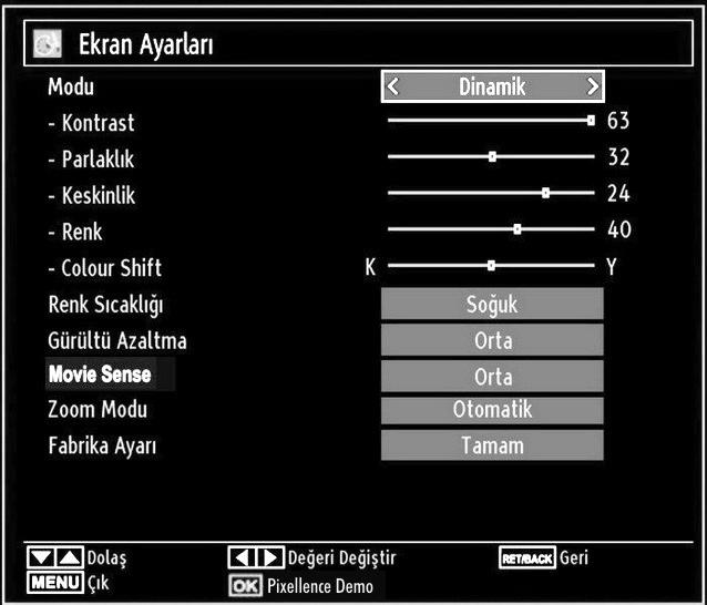 Pixellence Tanıtım Modu: Görüntü menüsünde Mod seçeneği vurgulanırken Pixellence tanıtım modu menü ekranının altında