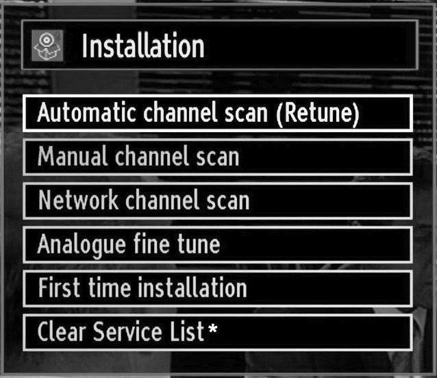 After auto channel scan type is set and selected and confi rmed, installation process will start and progress bar will move along. Press MENU button to cancel process.