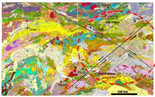 Tbilisi-Georgia (ISS2017), 1A39PB; pp:141-160. Şekil 3. Erzincan ve yakın civarının jeolojik haritası (koyu yeşil alanlar kromit cevherine ana kaya oluşturabilecek peridotitleri göstermektedir.