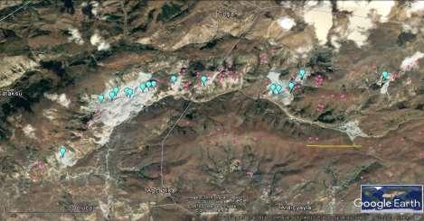 Tbilisi-Georgia (ISS2017), 1A39PB; pp:141-160. Şekil 4i. Kop Dağları Batı bölgesi (Çayırlı) kromit yatak ve zuhurları (Kaynak, Google Earth, ölçek 2km) (Figure 4i.