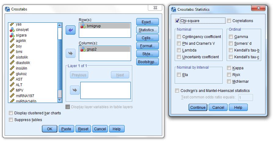 SPSS: Analyze > Descriptive Statistics > Crosstabs