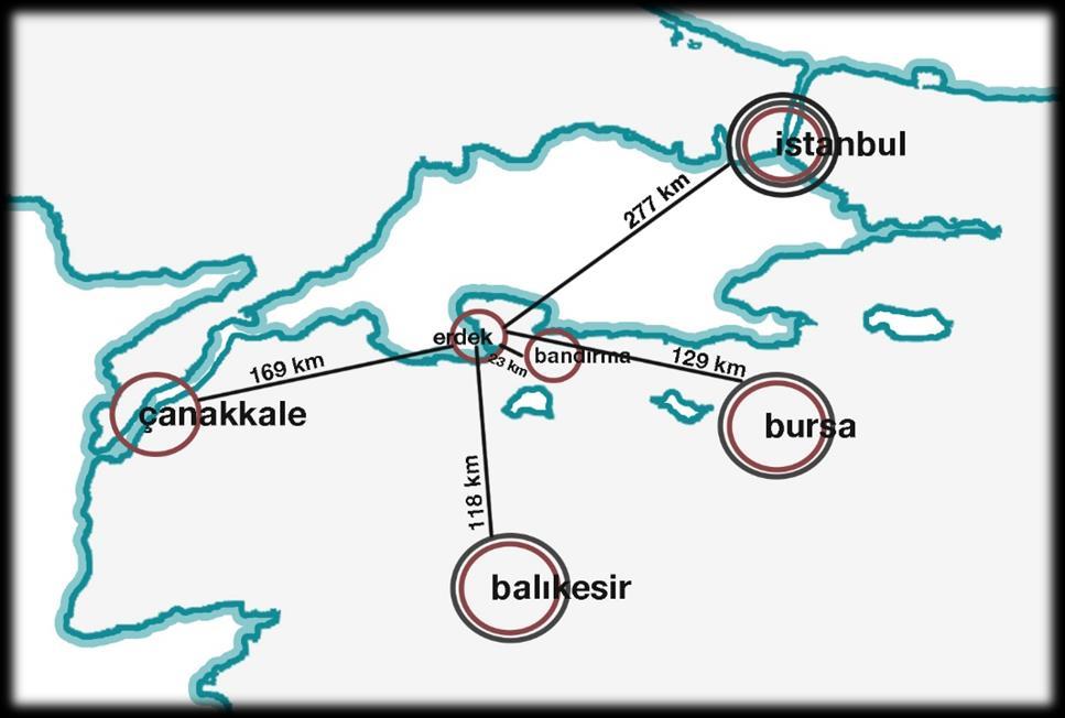 Bağlı olduğu il merkezi olan Balıkesir e 116 kilometredir.