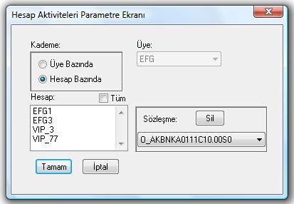 ile kullanıcı, işlem hesabı bazında bir sözleşmeye ait ya da üye bazında bir/tüm