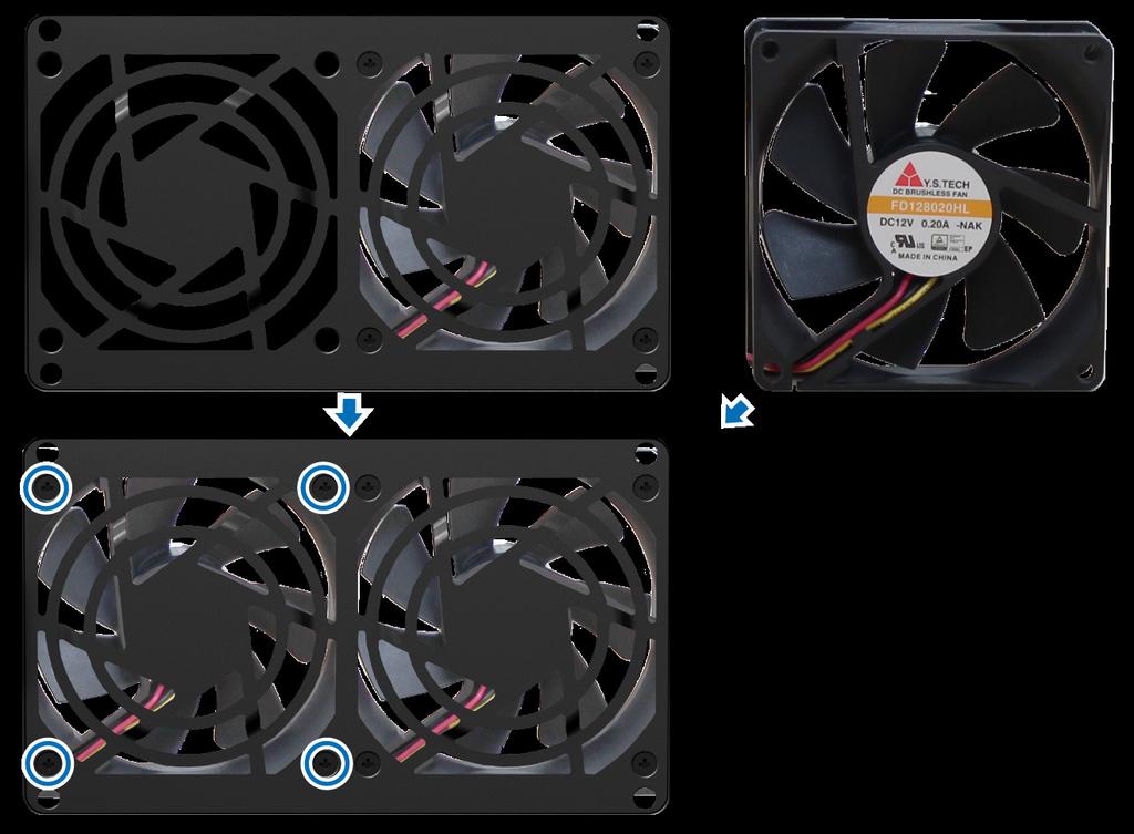 5 Yeni fanı takın: a Arızalı fanı sağlam bir tanesiyle değiştirin (fanın içindeki fan kablosu sol alt köşeye bakacak şekilde) ve