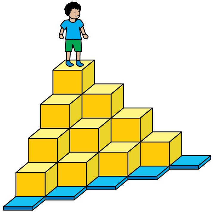 28. Bir anaokulunda; sarı renkli küplerden oluşan dört basamaklı bir oyuncağın en üst basamağında bulunan bir çocuk, şekilde gösterilen mavi renkli minderlerden herhangi birine ulaşmak istemektedir.