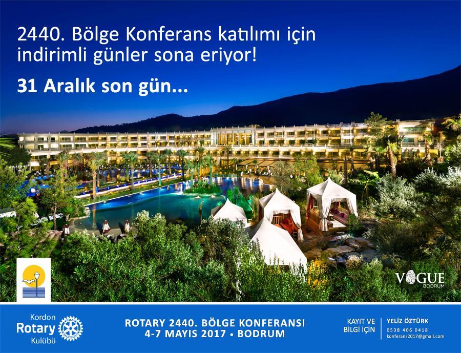 Sevgili Rotary Ailemiz, Uluslararası Rotary 2440. Bölge 2016-2017 dönemi Bölge Konferansı düzenleme görevi Guvernörümüz Sn. İsmail RODOPLU tarafından kulübümüze verilmiştir.
