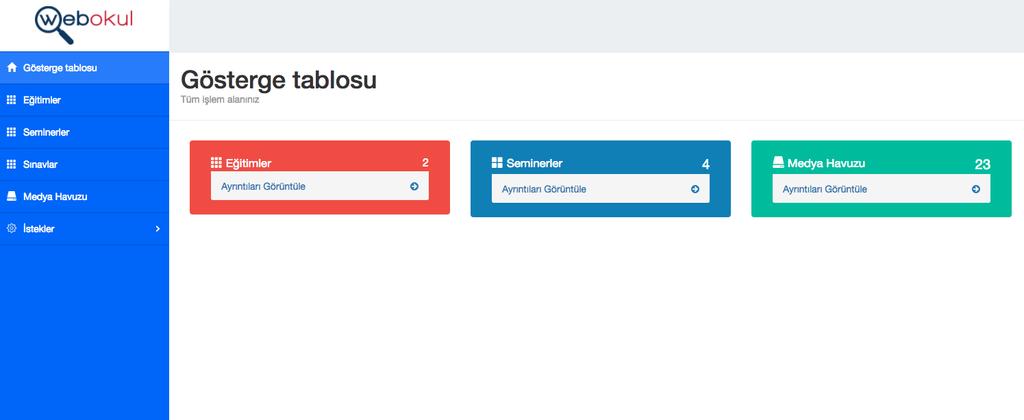 6 EĞİTMEN PANELİ HAKKINDA Eğitmen Panelinde açılan ilk sayfa Gösterge Tablosu sayfasıdır. Bu sayfada her eğitmenin eklediği kendi eğitim, seminer ve sınavlarının sayısı gösterilmektedir.