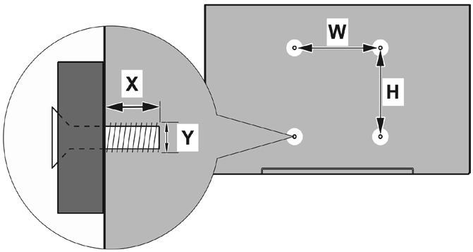 מ( ر A B C D Hole Pattern Sizes (mm) Length (X) VESA WALL MOUNT MEASUREMENTS W H 200 200 Screw Sizes min. (mm) 10 max.